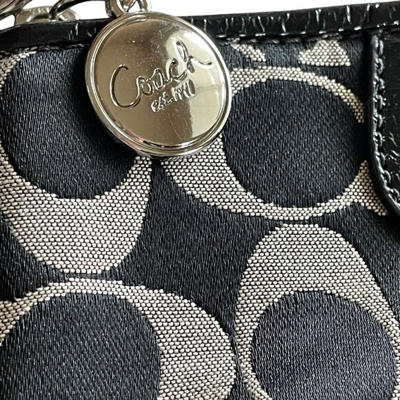 COACH Signature Black Leather Pleated Canvas Top Zip Wristlet Bag Logo Hang Tag - Picture 6 of 10